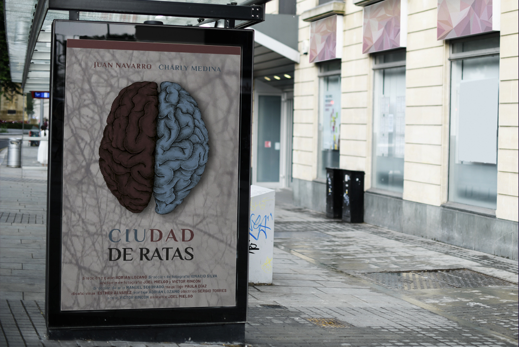 Mockup en exterior del diseño del cartel "Ciudad de ratas"