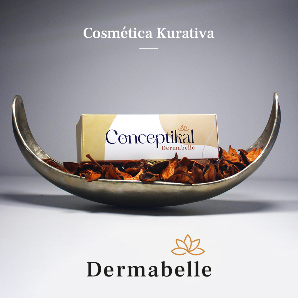 Fotografía de la emulsión corporal con la versión del logotipo "Dermabelle" de "Conceptikal"