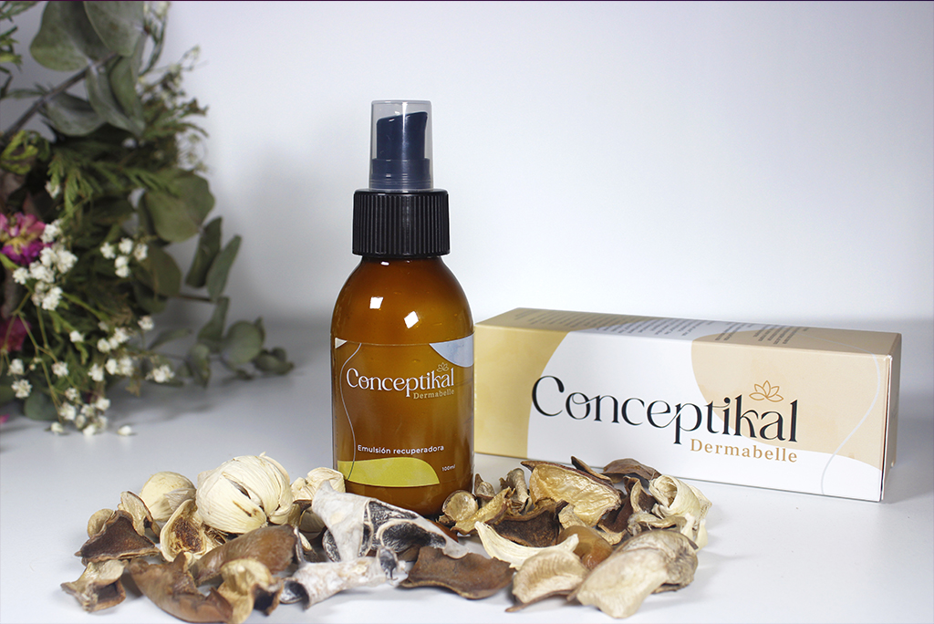 Fotografía de una emulsión corporal llamada "dermabelle" de "conceptikal" mostrando el diseño del packaging