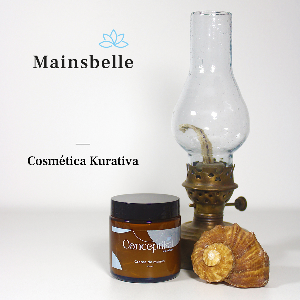 Fotografía de la crema de manos con la versión del logotipo "Mainsbelle" de "Conceptikal"