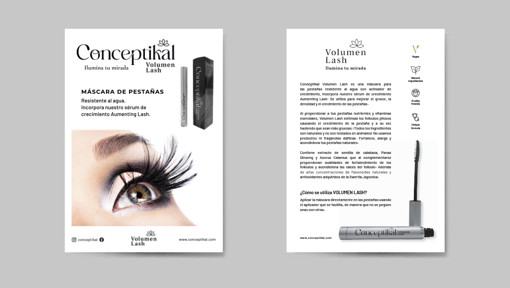 Diseño editorial de un folleto informativo B2C de una máscara de pestañas llamada "Volumen Lash" de "Conceptikal"