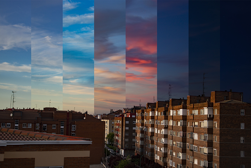 Fotografía juntando diferentes horas del cielo creando una paleta de color