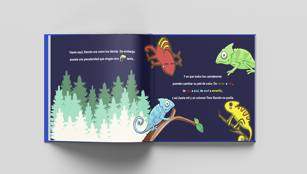 Mockup de dos páginas del libro camaleón