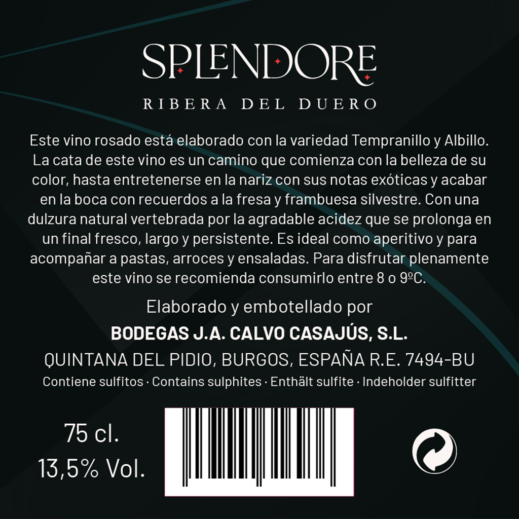 Versión 1 del diseño de la contraetiqueta del vino de Splendore