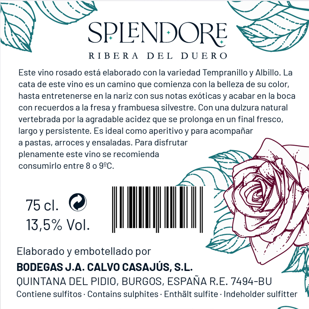 Versión 2 del diseño de la contraetiqueta del vino de Splendore