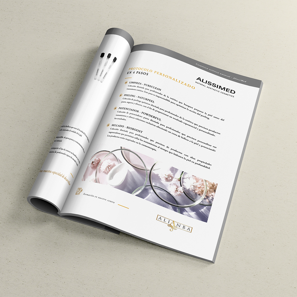Diseño editorial del interior del catálogo corporativo de Alianba
