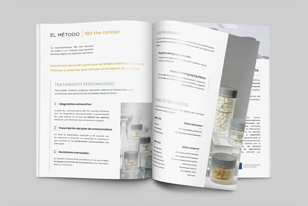 Diseño editorial de dos páginas interiores del catálogo informativo B2B de 180 the concept