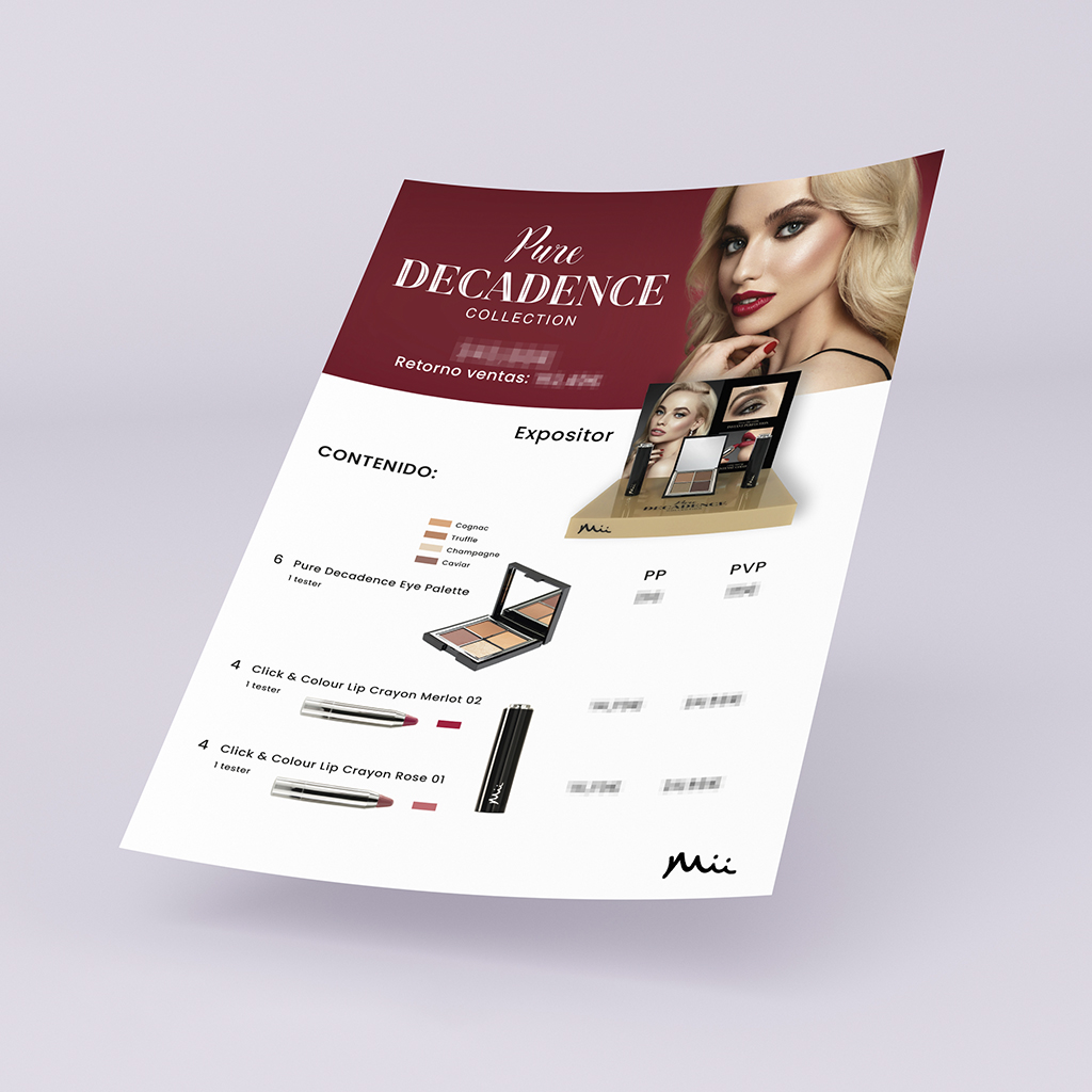 Diseño editorial del folleto informativo B2B para expositores "Pure Decadence" de Mii