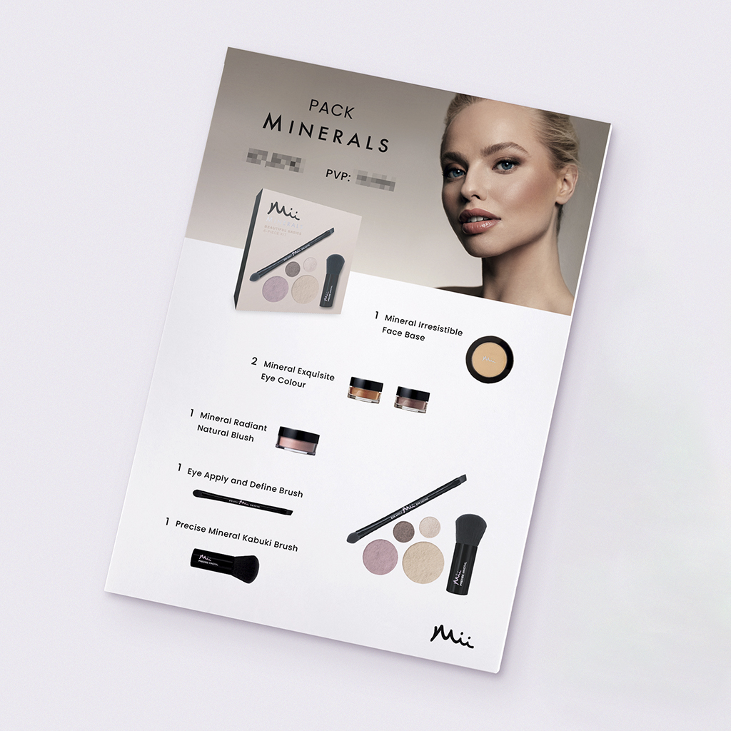 Diseño editorial del folleto informativo B2B para el pack "Minerals" de Mii