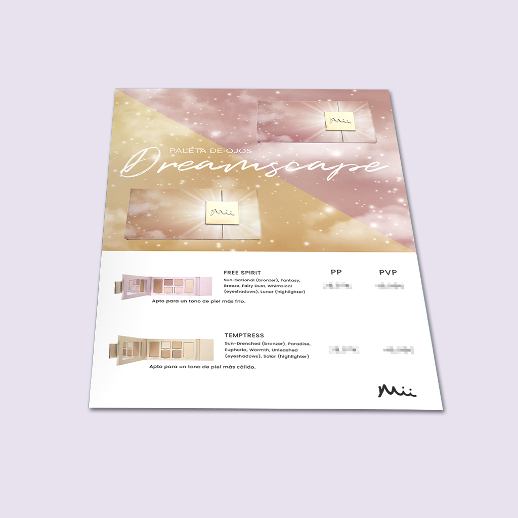 Diseño editorial del folleto informativo B2B para el pack "Dreamscape" de Mii